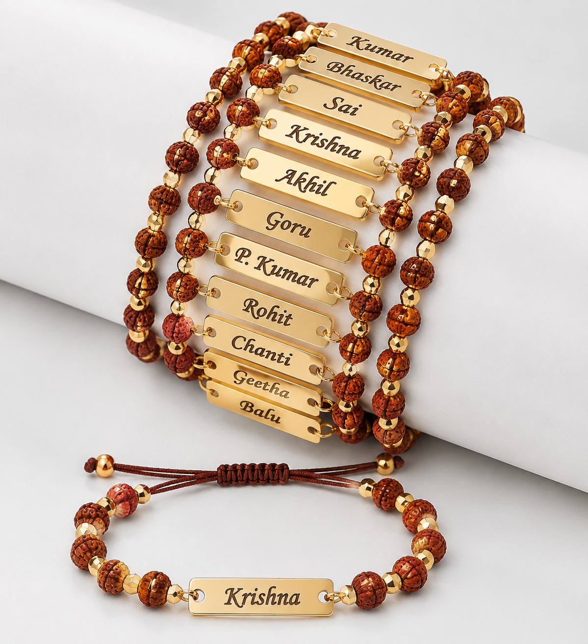 Personalized Name Bracelet with Rudraksha Beads | Custom Engraved Adjustable Bracelet for Men & Women (Gold Finish)